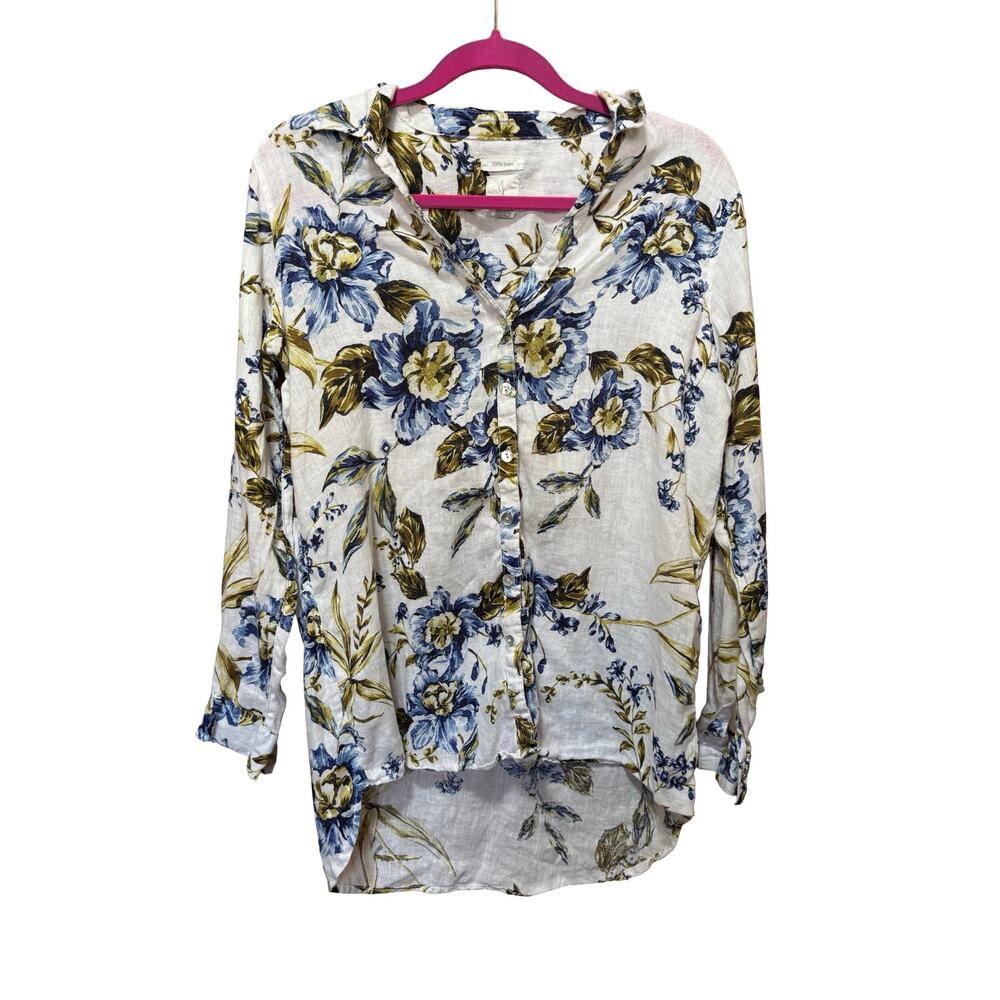 Joie Floral Linen Button Up Blouse Blue Yellow Botanical Size Small